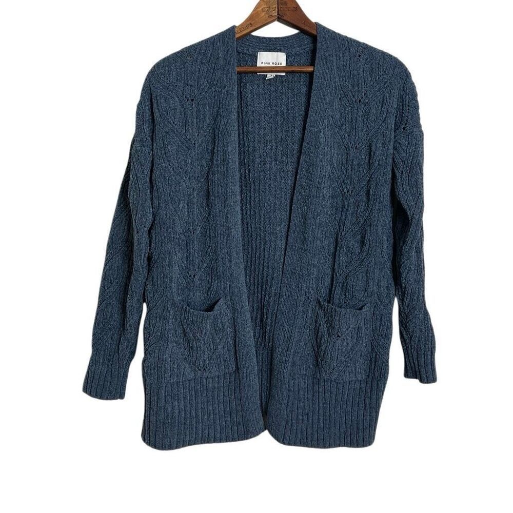 Pink Rose Open Front Cable Knit Pocket Cardigan Sweater Slate Blue Size Small - Picture 2 of 9
